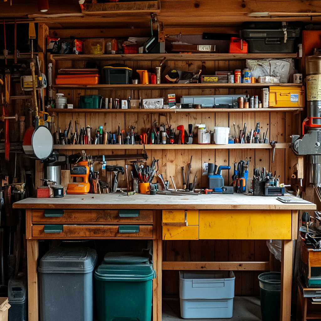 A crowded garage workbench used for several kinds of work, with four levels of open shelving above it and drawers built into the bench