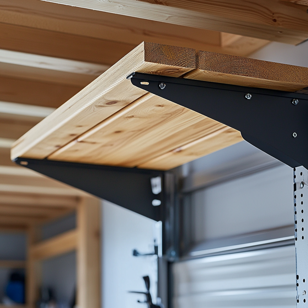 A wooden storage shelf mounted on black steel brackets high on a garage wall, just below the ceiling joists