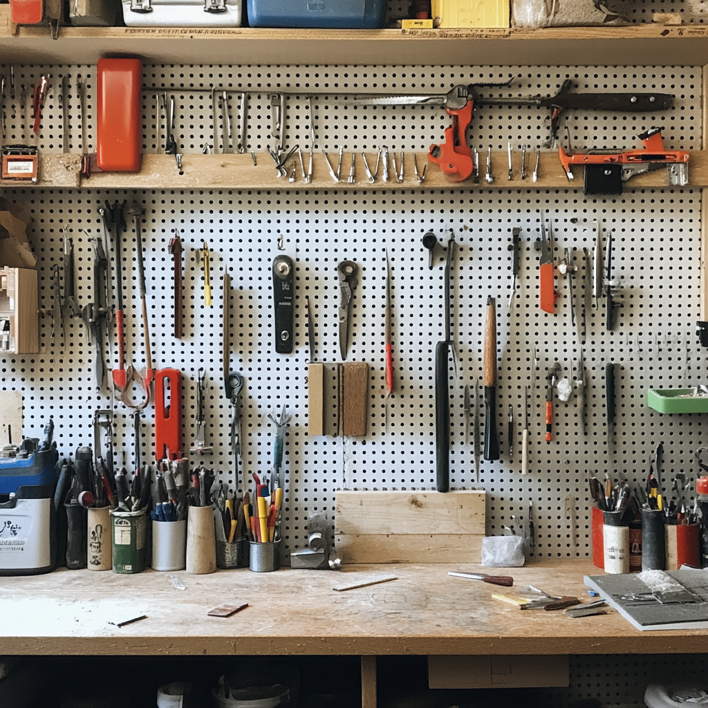 A white pegboard above a workbench, with pliers, files, saws and clamps hung in rows and hand tools standing upright in tins on the bench