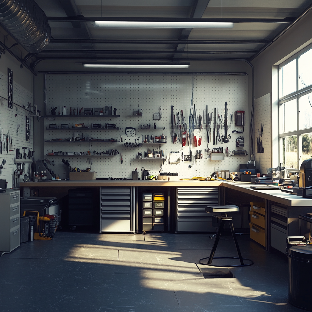 A workshop finished in light colours, with white pegboard walls, pale bench tops and grey steel drawer cabinets