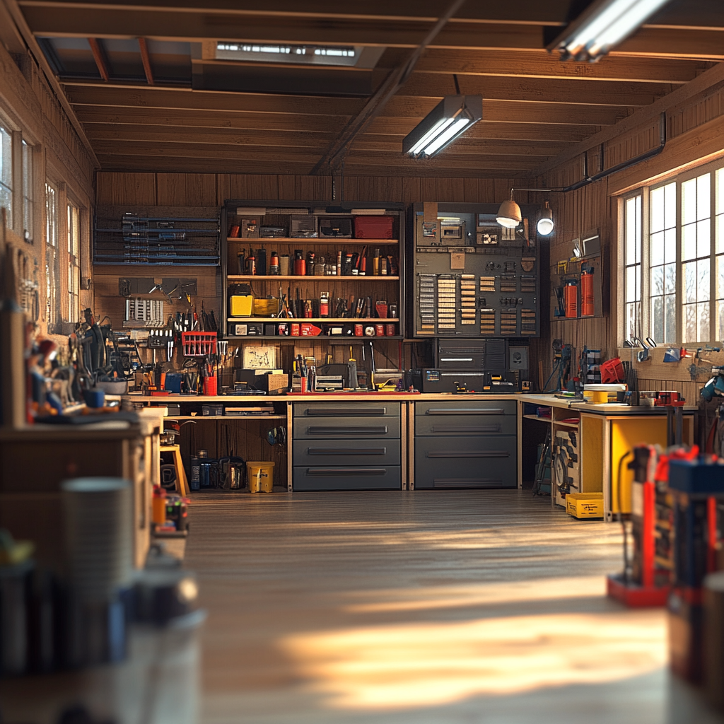 A sunlit home workshop with hand tools hung on the walls, supplies lined up on open shelves and a long workbench over grey drawer units