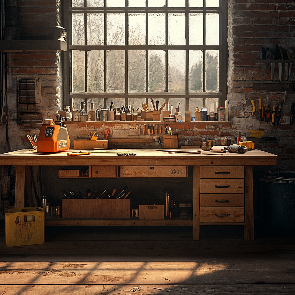 A workbench in front of a large window, with drawers, a low shelf and open storage filling the space underneath it
