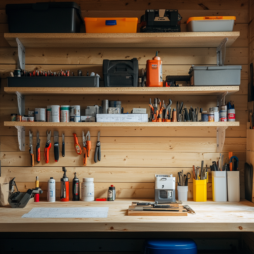 Three wall-mounted shelves above a workbench holding plastic bins, jars of hardware and spray cans, with pliers hung from hooks underneath